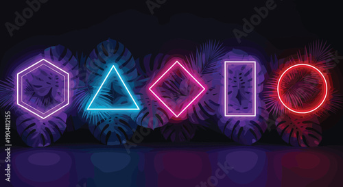 Neon glowing geometric shapes with tropical leaves background, vibrant futuristic light design for modern decoration, digital art, nightlife, and creative visuals