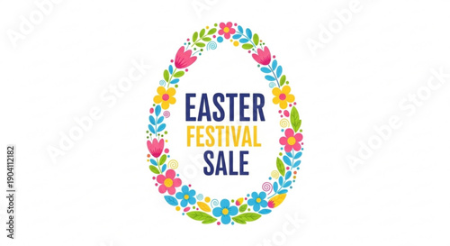 Easter festival sale sign with colorful floral wreath on white background