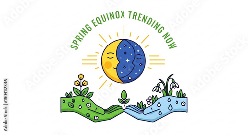 Spring equinox graphic with crescent moon sun rays and blooming plants on green and blue soil