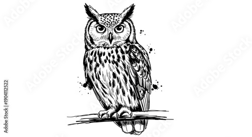 Detailed Illustration of a Great Horned Owl Perched on a Branch.