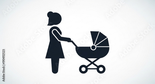 Woman pushing baby stroller mom with pram parenting symbol childcare family woman with baby cart