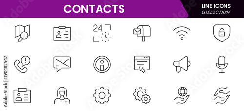 Contact us line icon set. Chat, name, address, email, message, phone and more.Outline vector icon in linear style. Conceptual pictogram collection