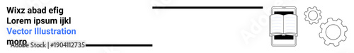 Technology, education tools, learning apps, digital publishing, tech integration, user interface concepts. Graphic showing a book, smartphone and gear icons. Technology and education tools focus