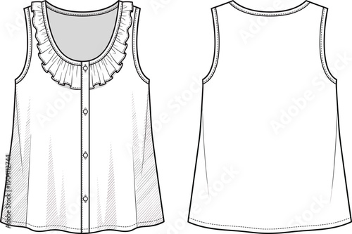 Women sleeveless ruffle neckline blouse technical fashion illustration, front and back view, button down top flat vector design