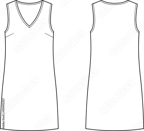 Women sleeveless v neck dress technical fashion illustration front and back view, apparel outline template for mockup, sewing, manufacturing, design
