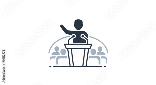 Person giving a presentation at a podium with audience in the background public speaking and communication concept