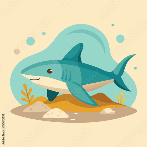 Cute cartoon shark swimming in the ocean