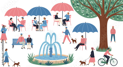 People enjoying outdoor park activities with umbrellas, fountain, trees, walking dogs, relaxing, socializing, cycling, and spending peaceful leisure time together