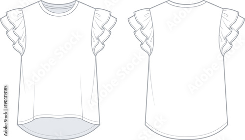 Women, ruffle, sleeve, t-shirt, front, and, back, view, outline, vector, fashion, apparel, template, mockup, minimal, line, art, design, illustration