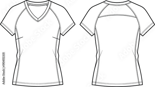 Womens athletic v neck t shirt, fashion flat technical sketch, front and back view, sportswear apparel design template, vector illustration