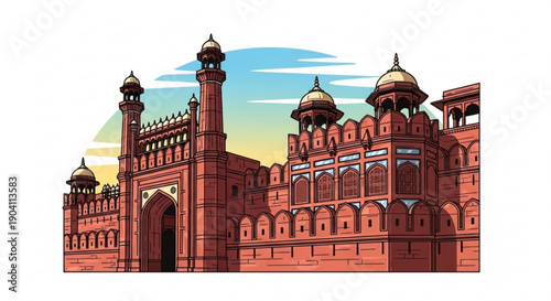 Mughal architecture illustration featuring red fortress with domes and towers against a vibrant sunset background