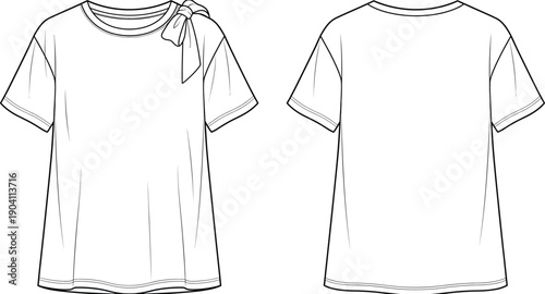 Womens short sleeve t shirt technical fashion sketch, front and back view vector outline illustration with bow detail apparel template