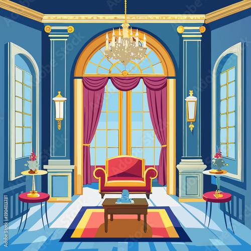 Elegant Blue French Classic Interior with Grand Chandelier