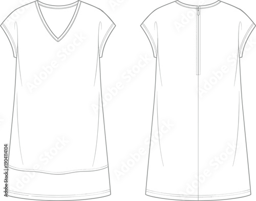 Womens v neck dress, fashion flat technical sketch, front and back view, casual shift dress design template, vector illustration, apparel