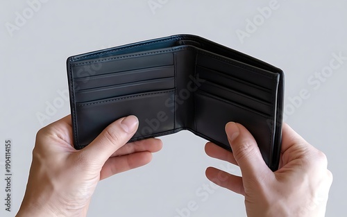 Hands holding an open empty wallet showing financial problems