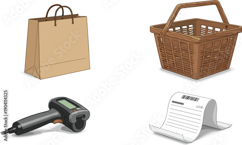 Retail shopping essentials, paper bag, plastic basket, barcode scanner, printed receipt, checkout tools, store equipment, transaction proof, commerce items