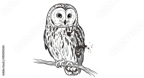 Detailed sketch of a barred owl perched on a branch.