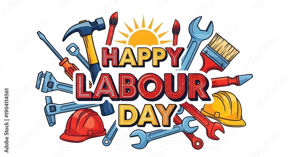Fototapeta premium Vibrant labour day graphic with tools and text