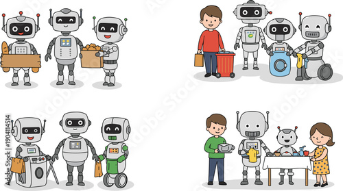 Robots helping with household chores, laundry, trash, kids, futuristic domestic assistance, artificial intelligence, cartoon illustration, family, technology, automation