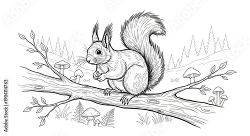 Detailed illustration of a squirrel perched on a tree branch.