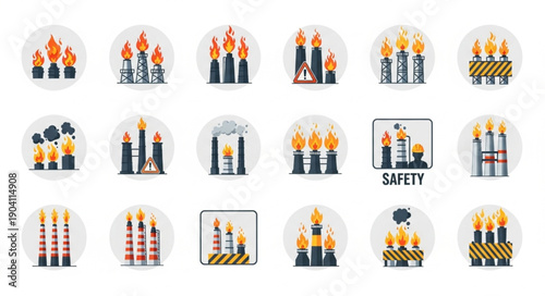 Set of industrial safety icons representing oil and gas industry equipment.