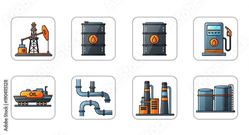 Set of industrial icons representing oil and gas industry elements.