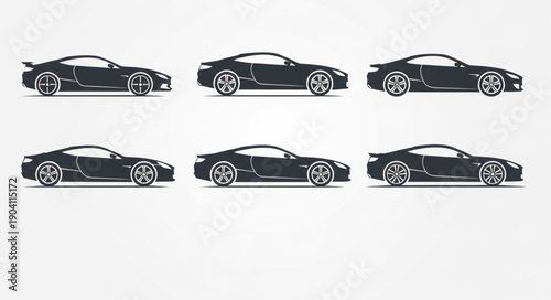 Set of six black sports cars in profile view.
