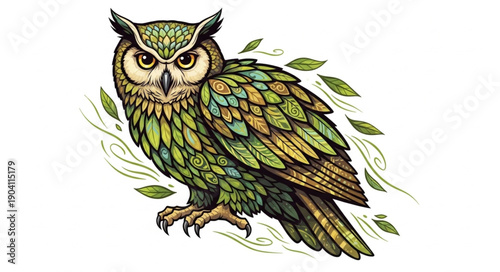 Detailed Illustration of an Owl with Green Feather Accents.