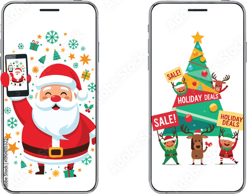 Santa selfie on smartphone, festive mobile screen, Christmas tree with characters, holiday deals, sale signs, cheerful illustration, seasonal shopping celebration