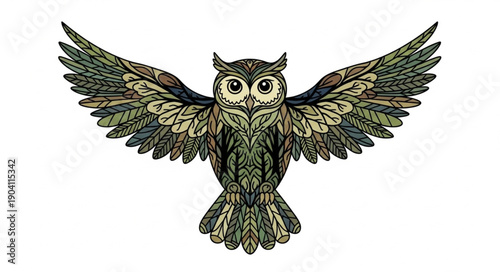 Detailed Illustration of an Owl with Wings Spread Wide.