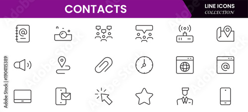 Contact us line icon set. Chat, name, address, email, message, phone and more.Outline vector icon in linear style. Conceptual pictogram collection