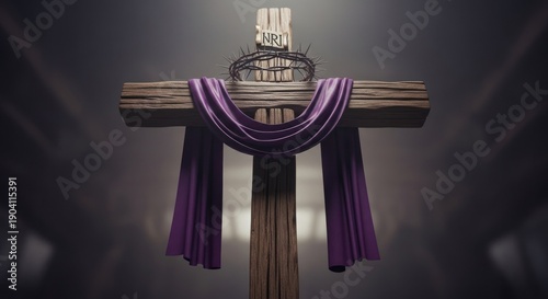 Symbolic wooden cross with crown, purple cloth. Religious imagery, dramatic lighting