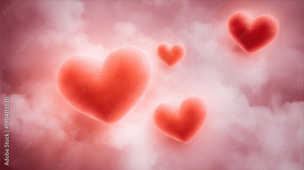 Obraz premium Soft Red Hearts Floating Among Gentle Pink Clouds in a Dreamy Atmosphere for Romantic or Valentine's Day Themes
