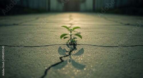 Wallpaper Mural Tiny green plant emerging from cracked pavement, bathed in sunlight. Contrasts resilience Torontodigital.ca