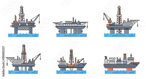 Set of offshore oil rigs and drilling platforms in the ocean.