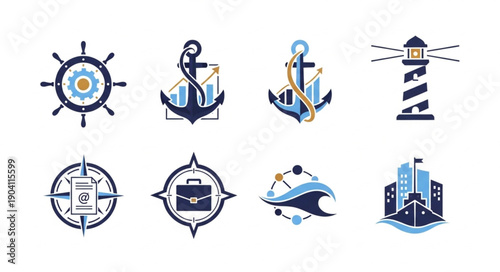 Set of nautical and business icons for maritime industry.