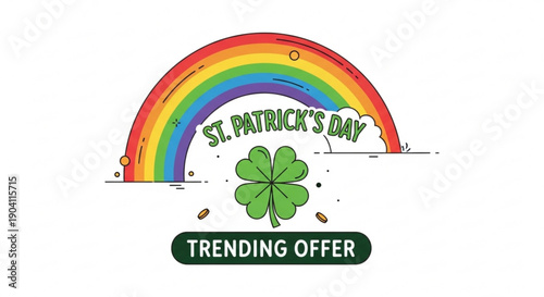 St patrick's day trending offer with rainbow and four leaf clover