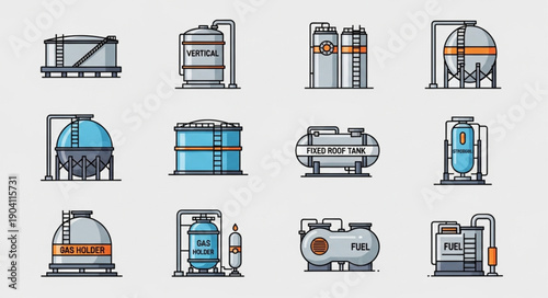 Set of industrial storage tank icons flat design.