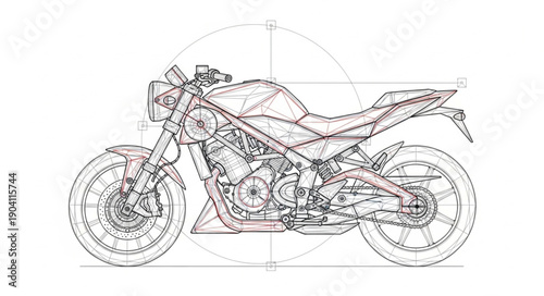 Detailed Motorcycle Blueprint Technical Drawing.