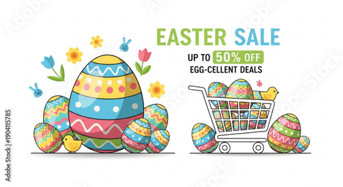 Easter sale advertisement with colorful eggs and shopping cart