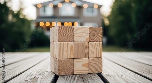 Wooden blocks assembled in a cube shape on a wood table, house and lights blurred in background