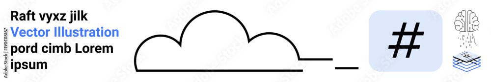 Obraz premium Minimal cloud line art with metadata tag, brain, and water icons suggesting technology, innovation. Ideal for cloud computing, networking, AI concepts, digital innovation, connectivity futuristic