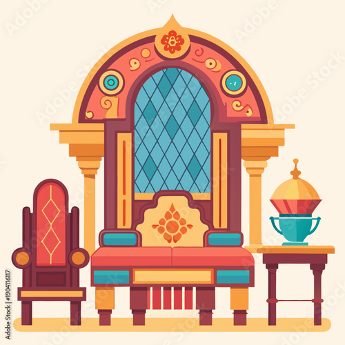 Ornate Throne Room Illustration with Royal Furniture