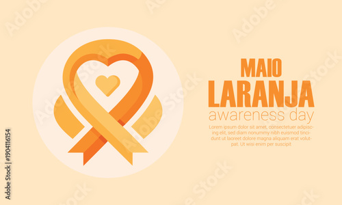 Maio laranja awareness day banner with orange heart shaped ribbon for child protection.