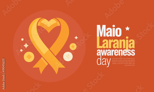 Maio laranja awareness day banner with heart shaped orange ribbon for child protection.