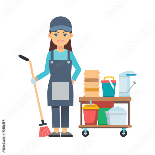 Confident Cleaning Lady with Mop and Supplies Cart
