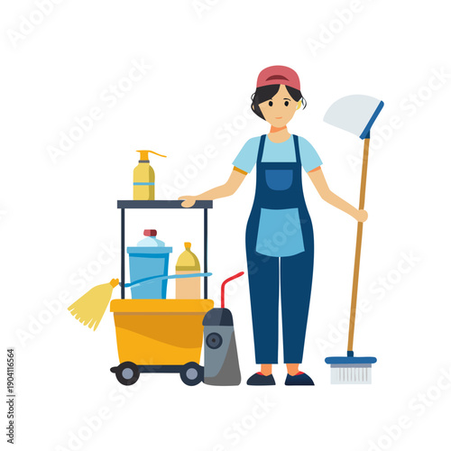 Confident Cleaning Lady with Mop and Supplies Cart
