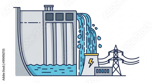 Hydroelectric dam generating electricity with water flowing through turbines and power lines in a detailed industrial setting