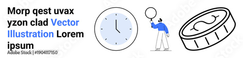 Clock displaying time, person holding balloon, large coin with bold outline. Ideal for time management, finance, investment, goal-setting, productivity, success planning simple landing page