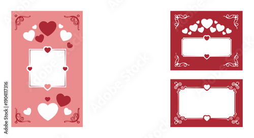 Romantic Valentine card frames with hearts and decorative borders